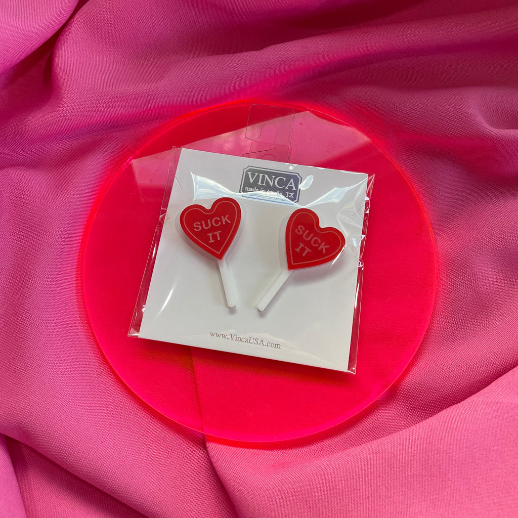 'Suck It' Heart-Shaped Lollipop Earrings