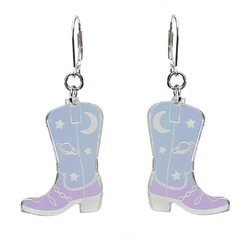 Space Cowboy Boot Dangle Earrings- Iridescent